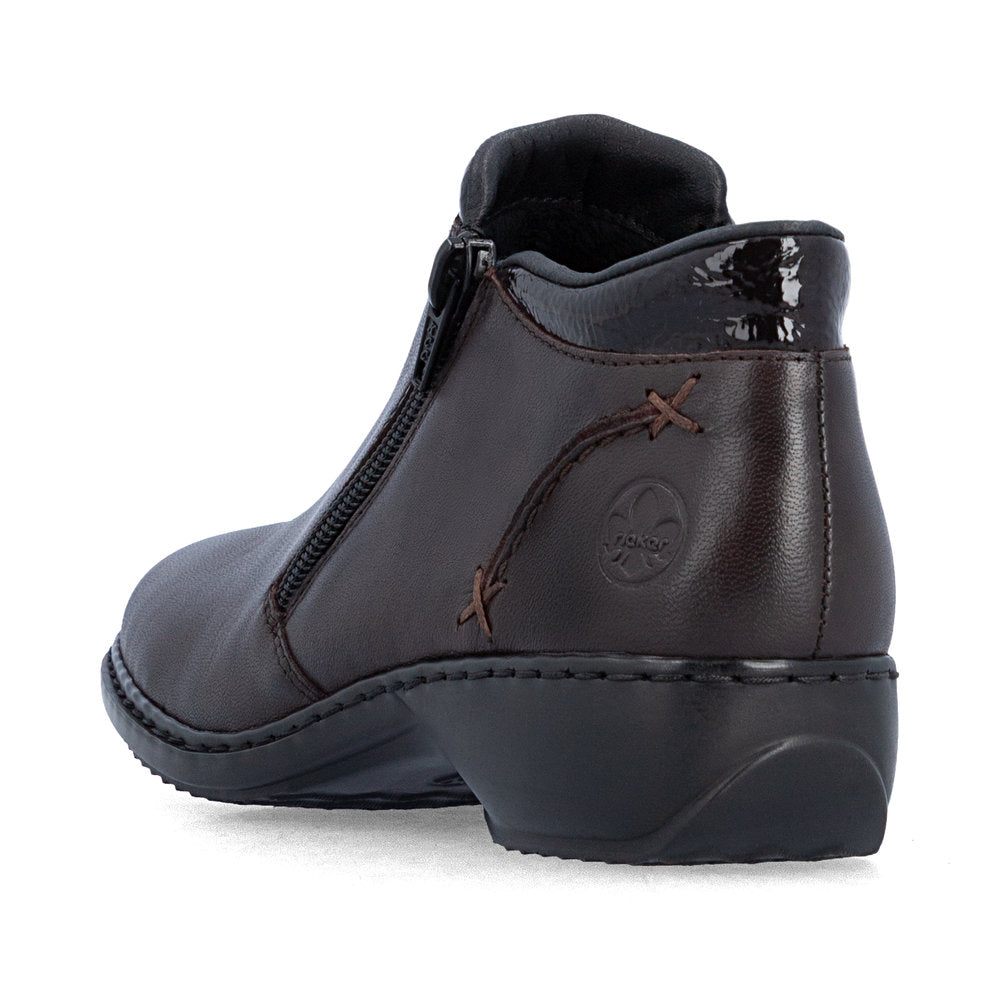 Rieker L3882-25 women's narrow brown leather side zip ankle boots, rear three-quarter view.