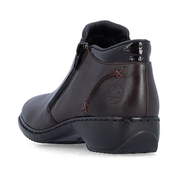 Rieker L3882-25 women's narrow brown leather side zip ankle boots, rear three-quarter view.