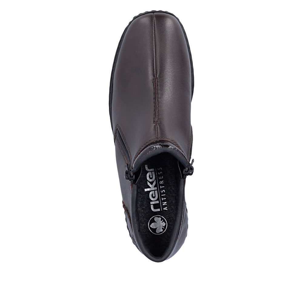 Rieker L3882-25 women's narrow brown leather side zip ankle boots, top view.