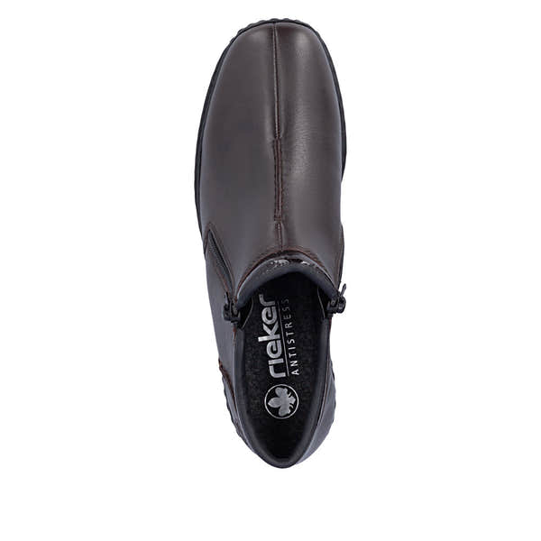 Rieker L3882-25 women's narrow brown leather side zip ankle boots, top view.