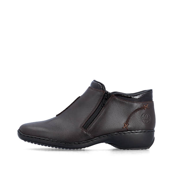 Rieker L3882-25 women's narrow brown leather side zip ankle boots, inner side view.