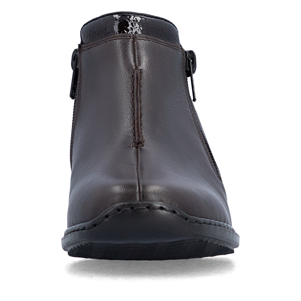 Rieker L3882-25 women's narrow brown leather side zip ankle boots, front view.