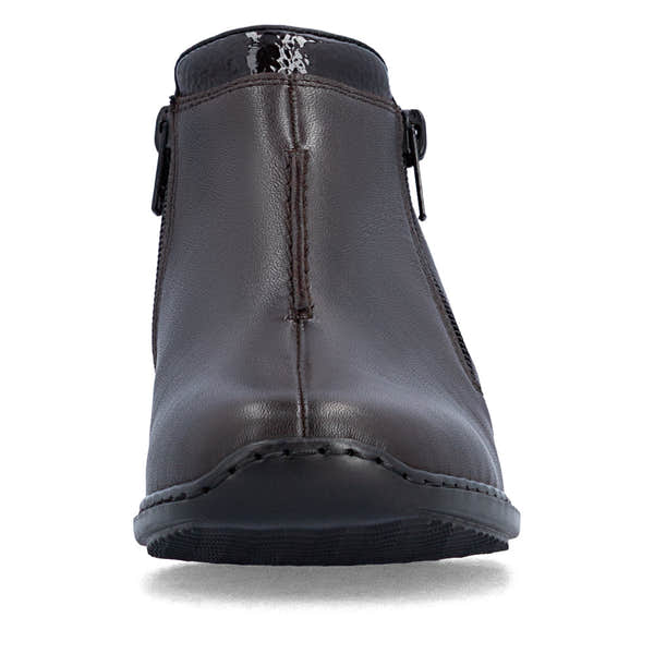 Rieker L3882-25 women's narrow brown leather side zip ankle boots, front view.