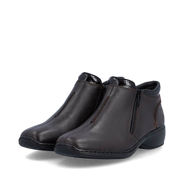 Rieker L3882-25 women's narrow brown leather side zip ankle boots, paired three-quarter view.