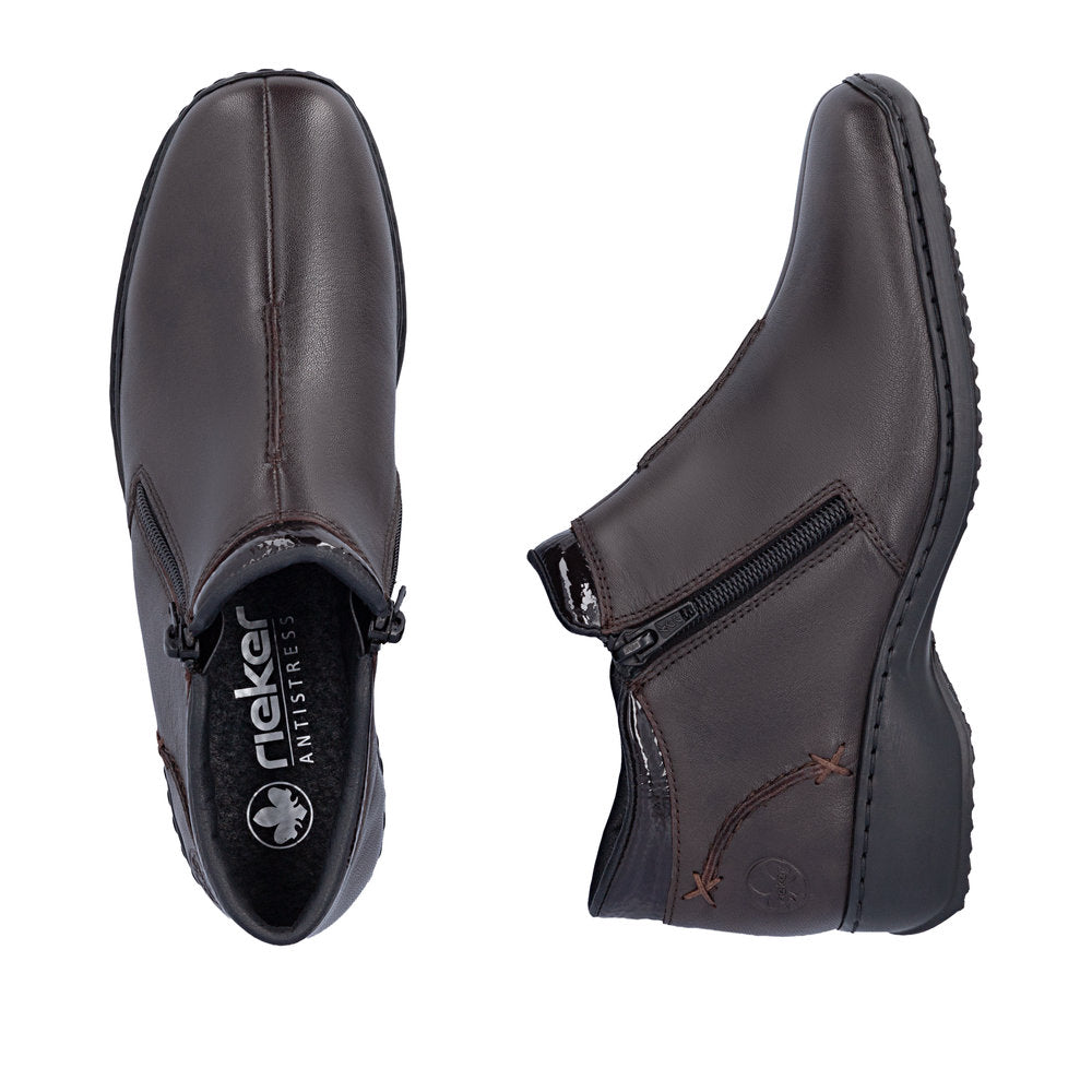 Rieker L3882-25 women's narrow brown leather side zip ankle boots, two-angle product view.