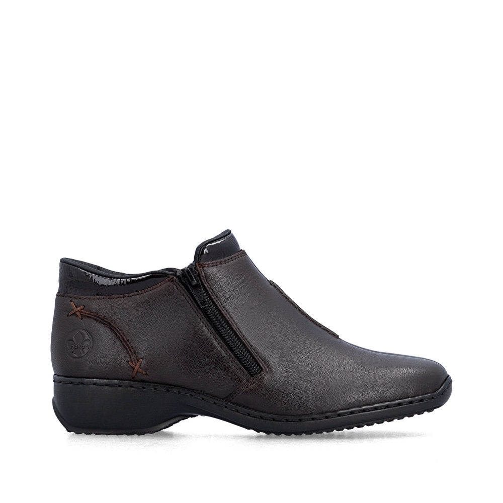 Rieker L3882-25 women's narrow brown leather side zip ankle boots, opposite side view.