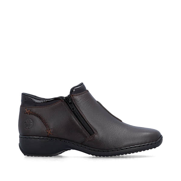 Rieker L3882-25 women's narrow brown leather side zip ankle boots, opposite side view.
