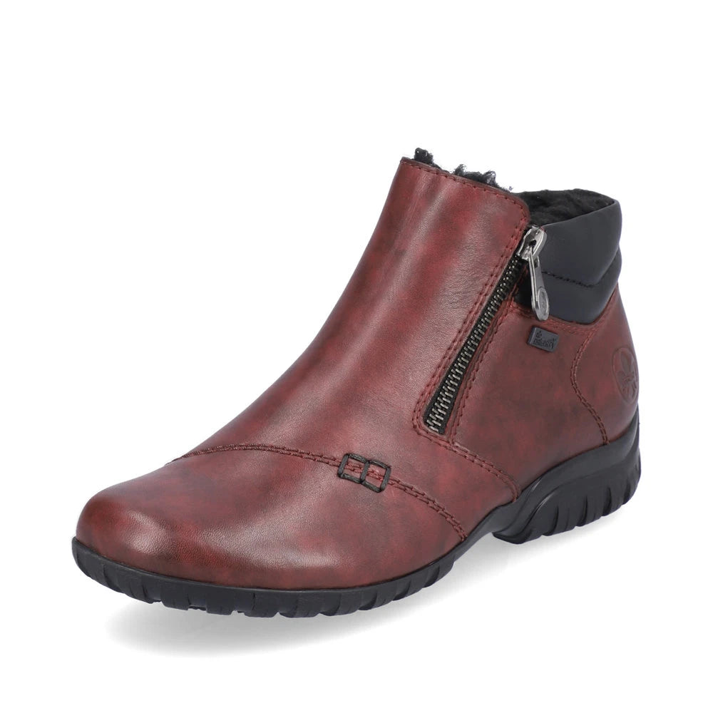 Rieker L4655-35 women's wide red leather water resistant side zip ankle boots, front three-quarter view.
