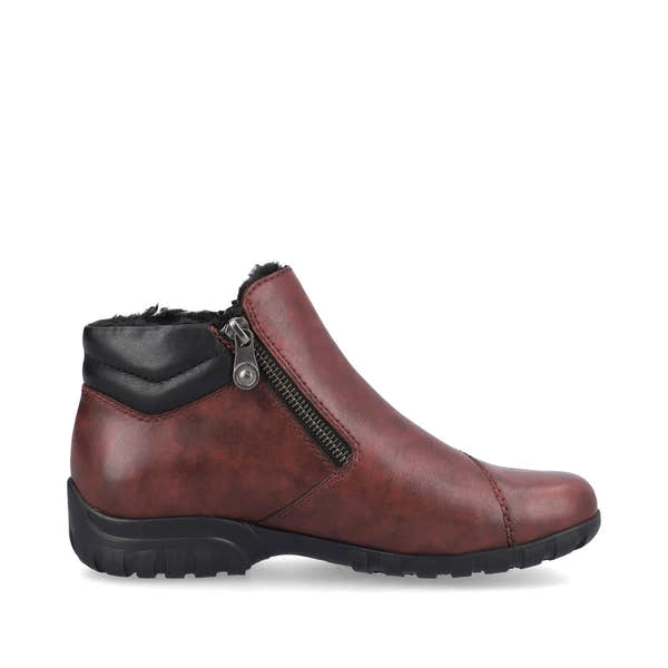 Rieker L4655-35 women's wide red leather water resistant side zip ankle boots, outer side view.