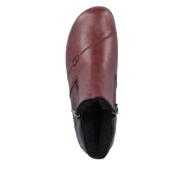 Rieker L4655-35 women's wide red leather water resistant side zip ankle boots, top view.