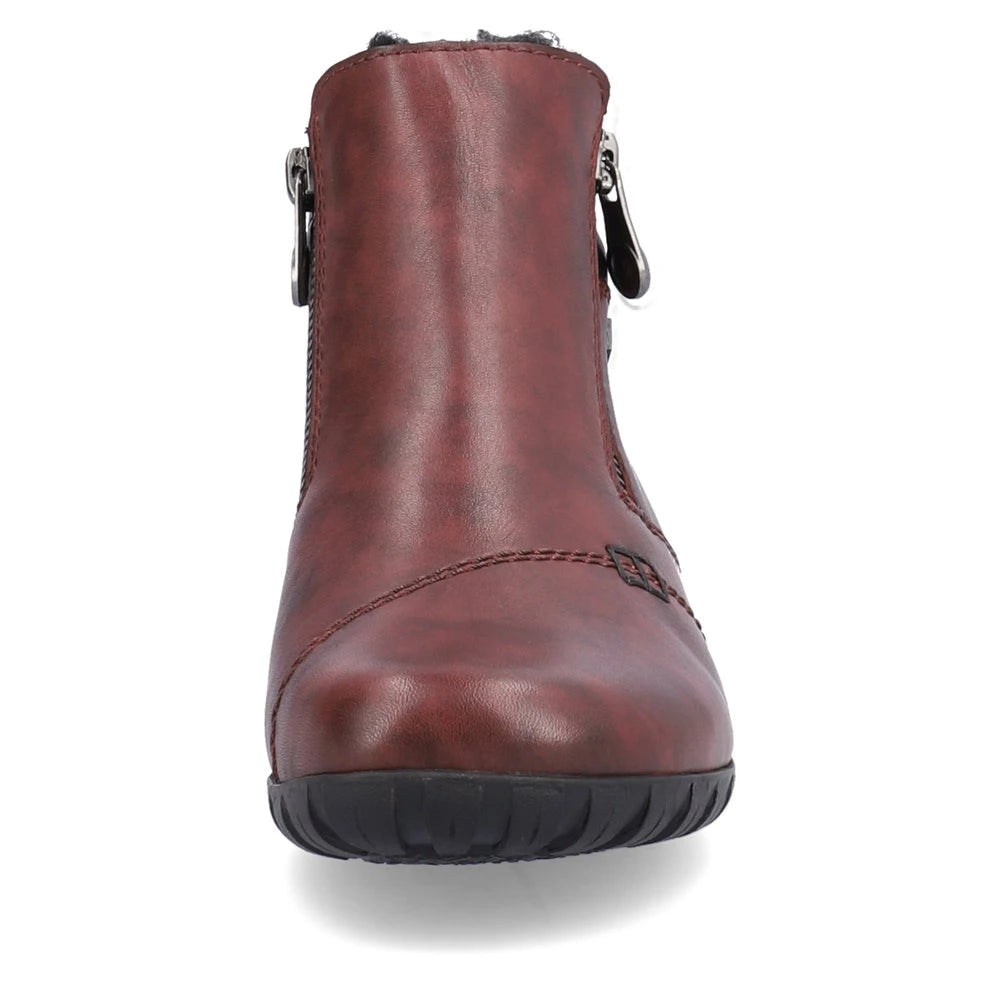 Rieker L4655-35 women's wide red leather water resistant side zip ankle boots, front view.