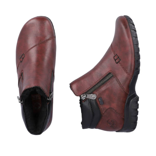 Rieker L4655-35 women's wide red leather water resistant side zip ankle boots, two-angle product view.