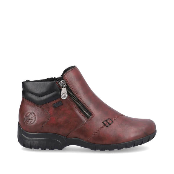 Rieker L4655-35 women's wide red leather water resistant side zip ankle boots, opposite side view.