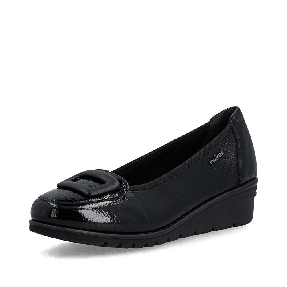 Rieker L5362-00 women's black slip on shoes, front three-quarter view.