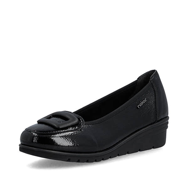 Rieker L5362-00 women's black slip on shoes, front three-quarter view.