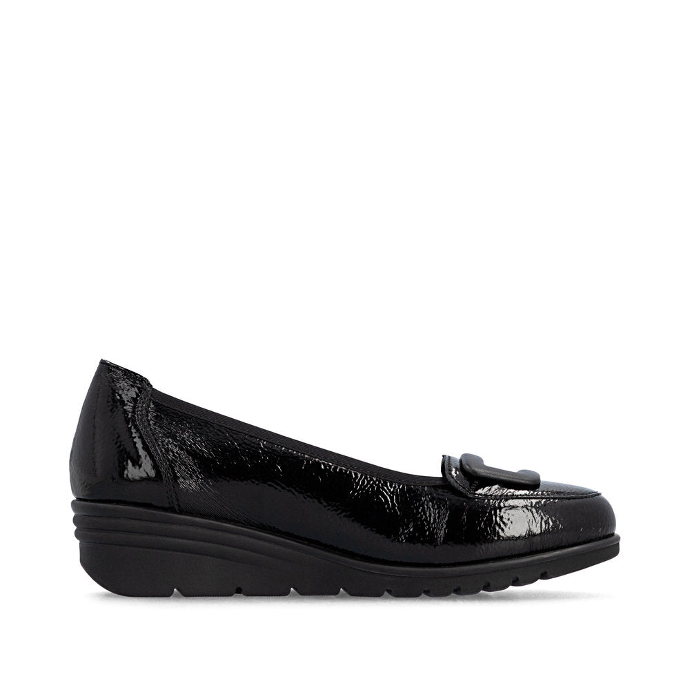 Rieker L5362-00 women's black slip on shoes, outer side view.