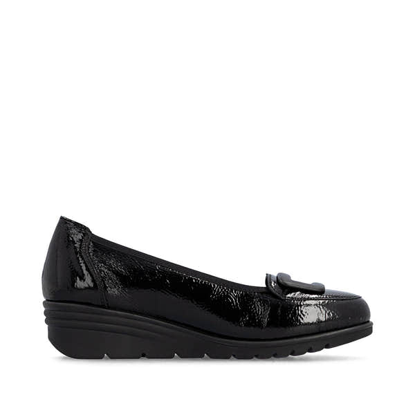 Rieker L5362-00 women's black slip on shoes, outer side view.