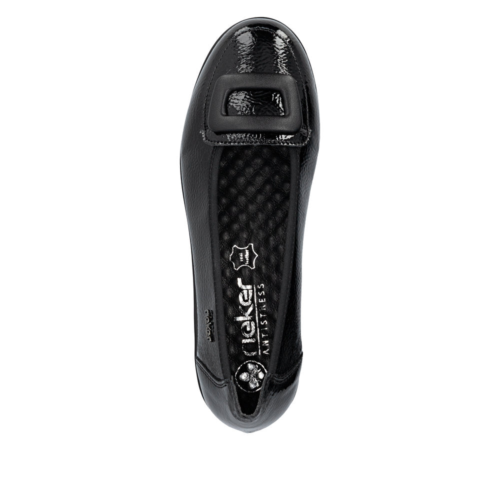 Rieker L5362-00 women's black slip on shoes, top view.