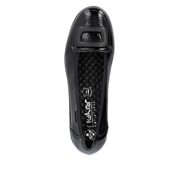 Rieker L5362-00 women's black slip on shoes, top view.