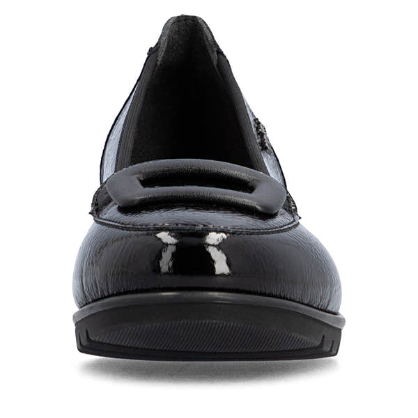 Rieker L5362-00 women's black slip on shoes, front view.