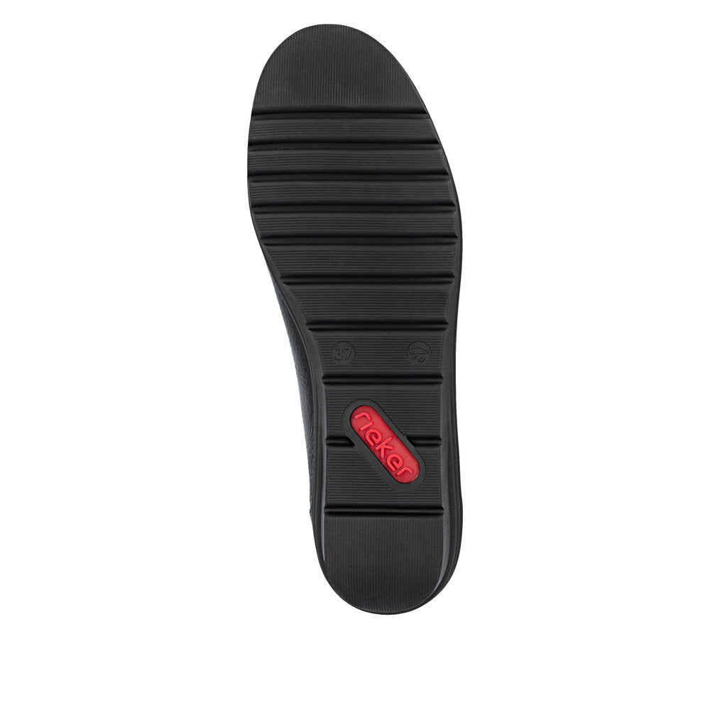 Rieker L5362-00 women's black slip on shoes, sole and tread view.