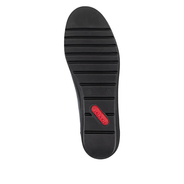 Rieker L5362-00 women's black slip on shoes, sole and tread view.