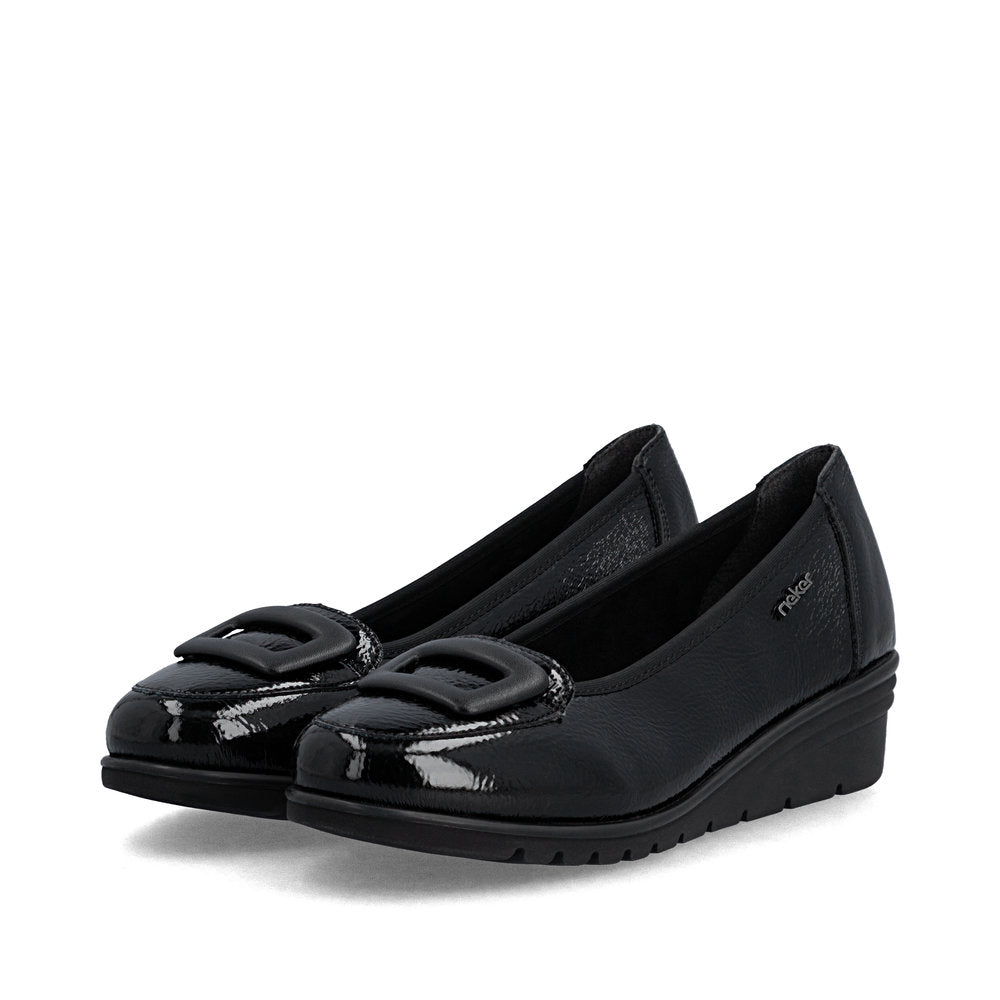 Rieker L5362-00 women's black slip on shoes, paired three-quarter view.