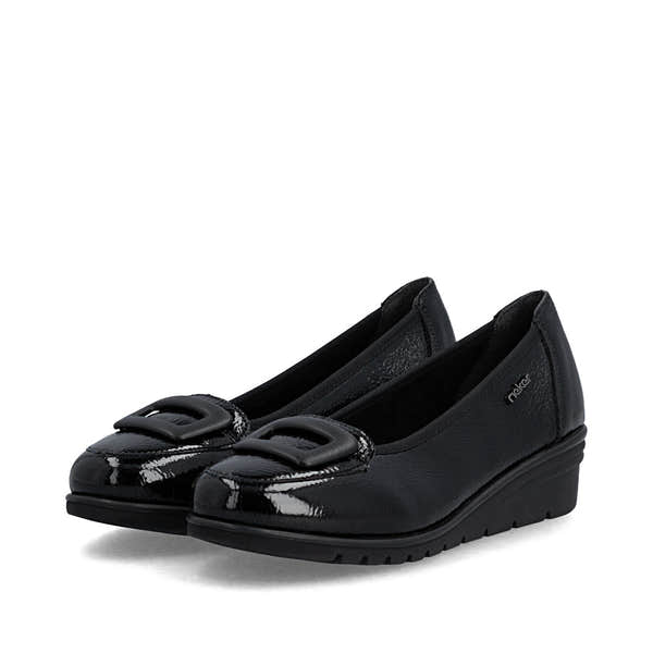 Rieker L5362-00 women's black slip on shoes, paired three-quarter view.