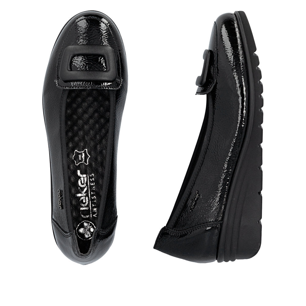 Rieker L5362-00 women's black slip on shoes, two-angle product view.