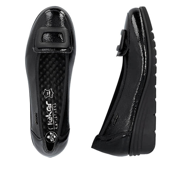Rieker L5362-00 women's black slip on shoes, two-angle product view.