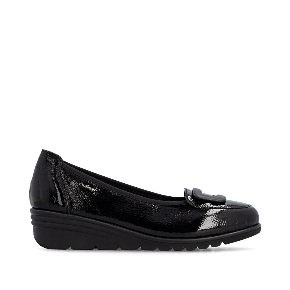 Rieker L5362-00 women's black slip on shoes, opposite side view.