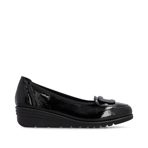 Rieker L5362-00 women's black slip on shoes, opposite side view.