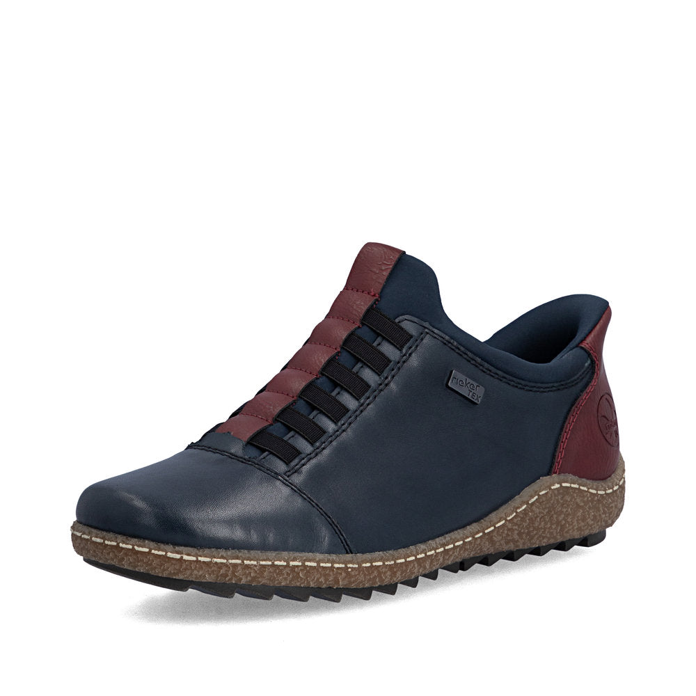 Rieker L7562-14 women's multi leather water resistant elasticated shoes, front three-quarter view.
