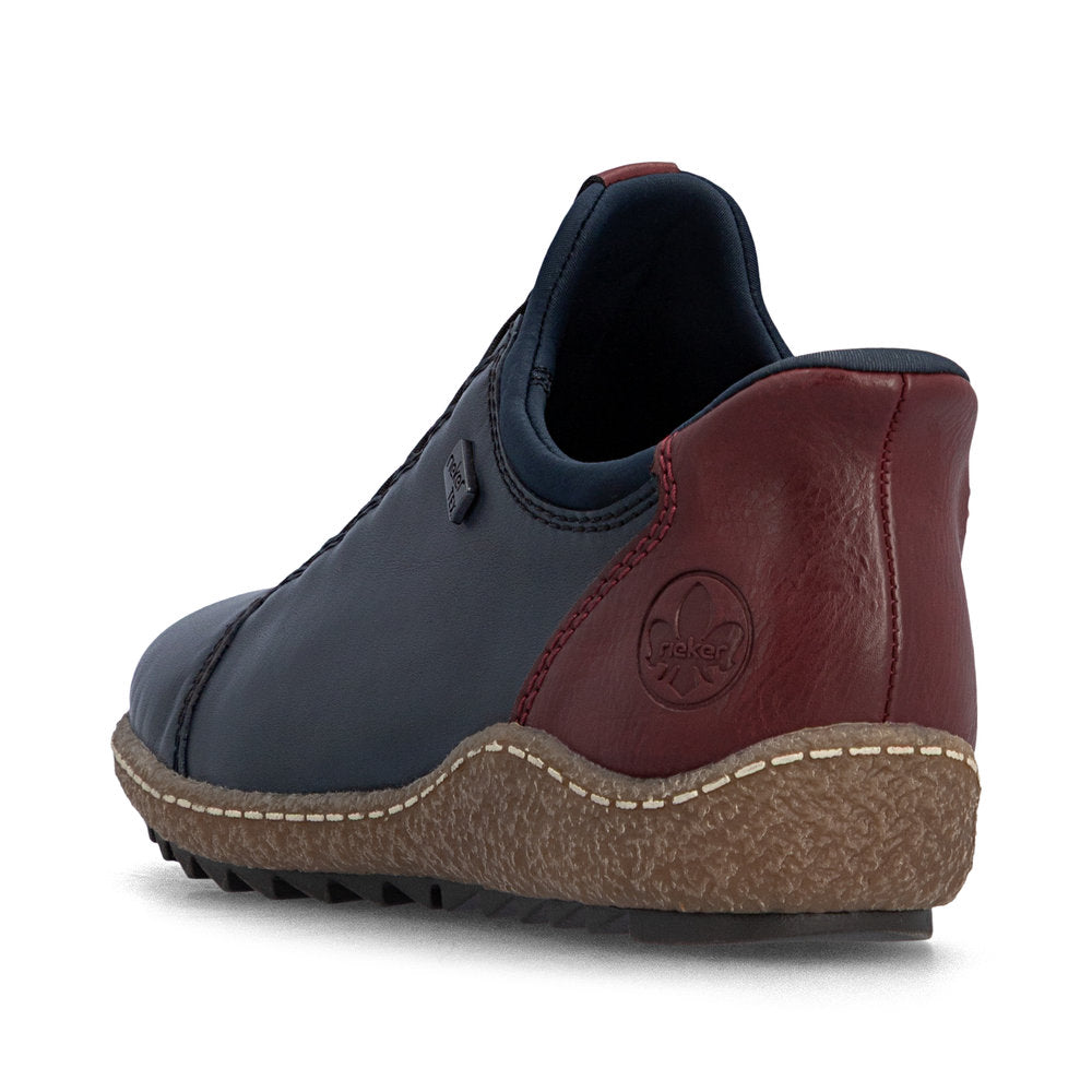 Rieker L7562-14 women's multi leather water resistant elasticated shoes, rear three-quarter view.