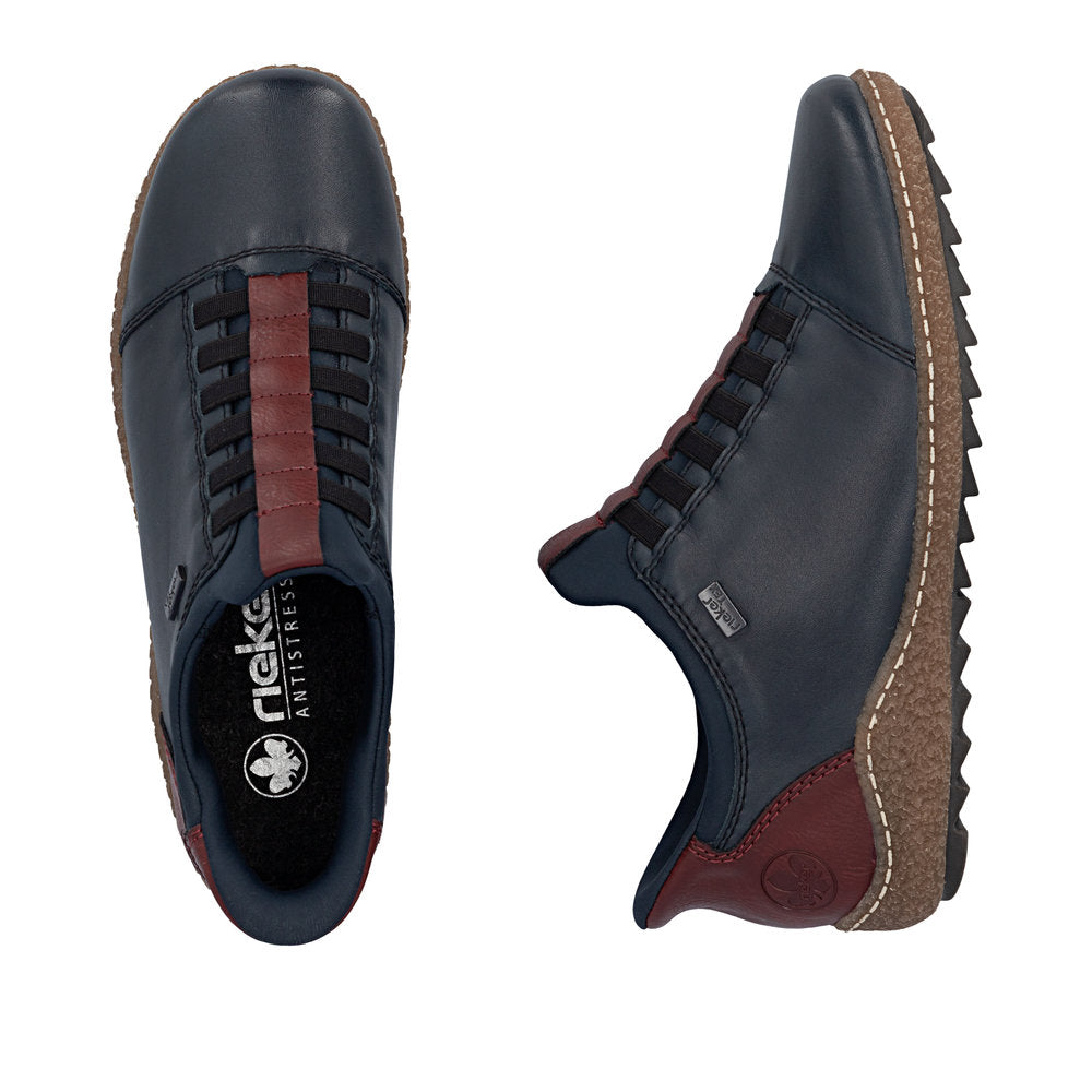 Rieker L7562-14 women's multi leather water resistant elasticated shoes, two-angle product view.