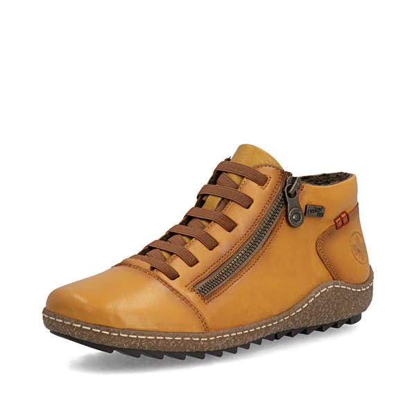 Rieker L7563-68 women's narrow brown leather water resistant side zip shoes, front three-quarter view.
