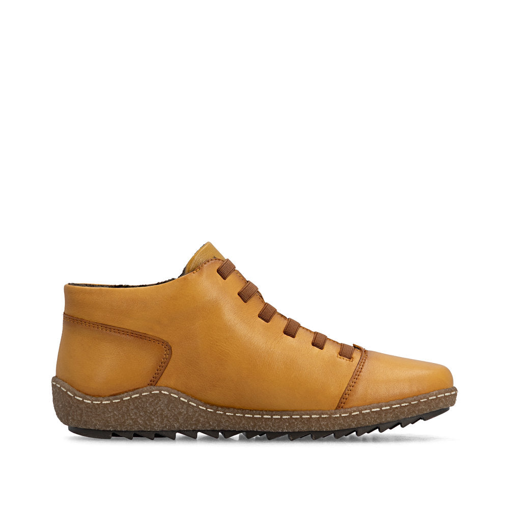 Rieker L7563-68 women's narrow brown leather water resistant side zip shoes, outer side view.