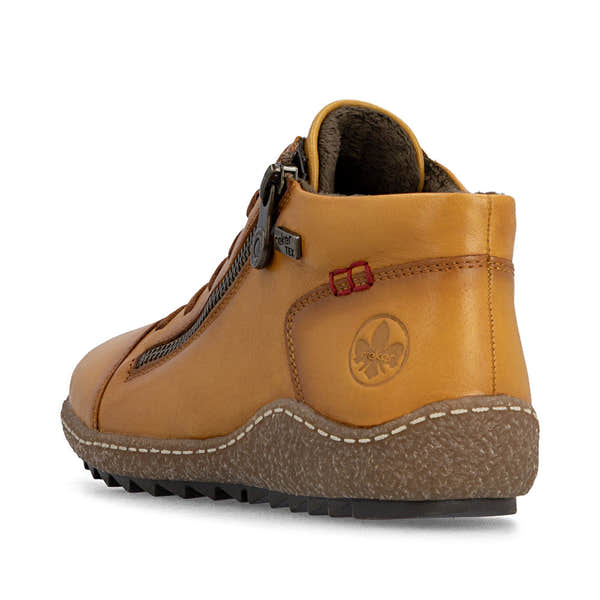 Rieker L7563-68 women's narrow brown leather water resistant side zip shoes, rear three-quarter view.