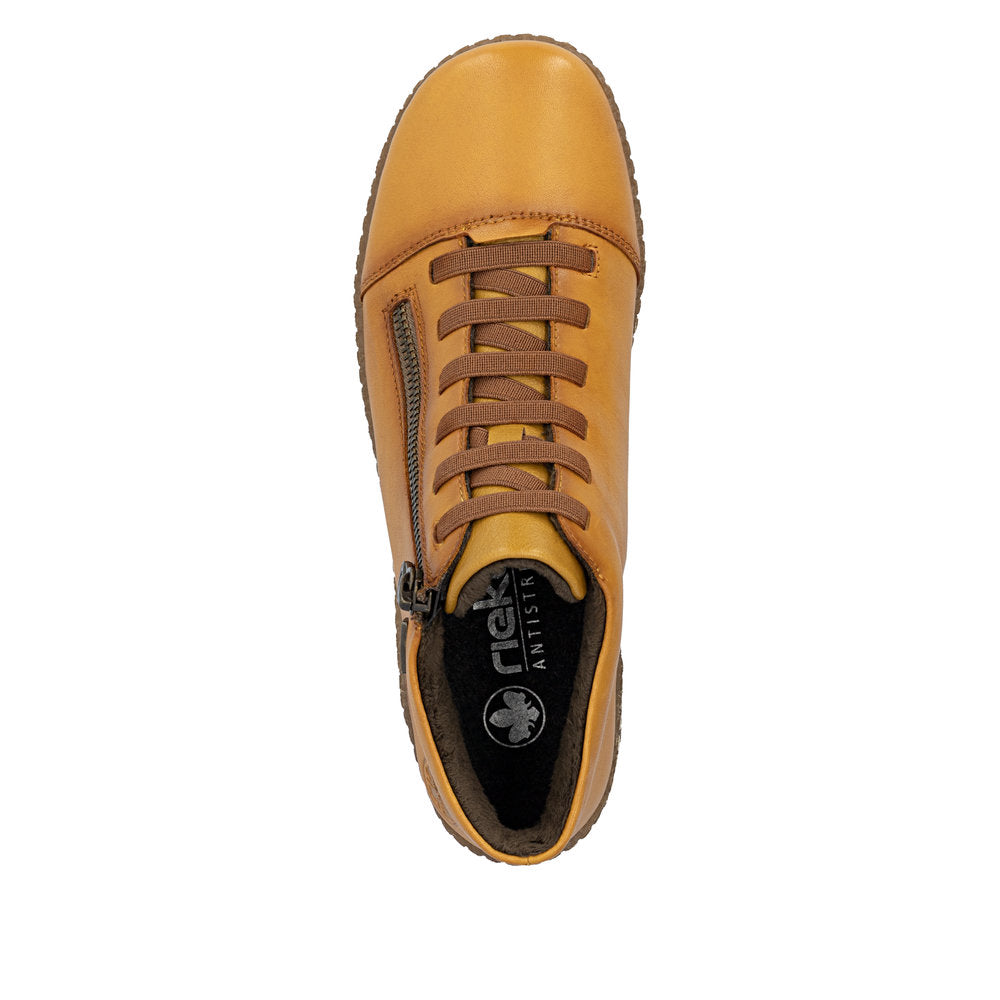 Rieker L7563-68 women's narrow brown leather water resistant side zip shoes, top view.