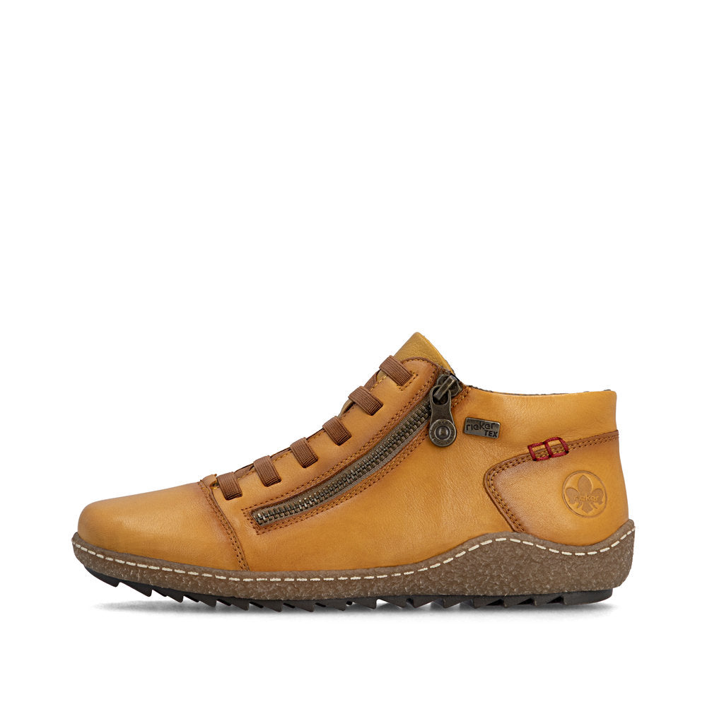 Rieker L7563-68 women's narrow brown leather water resistant side zip shoes, inner side view.