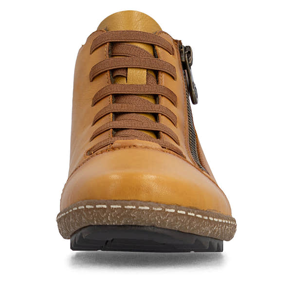 Rieker L7563-68 women's narrow brown leather water resistant side zip shoes, front view.