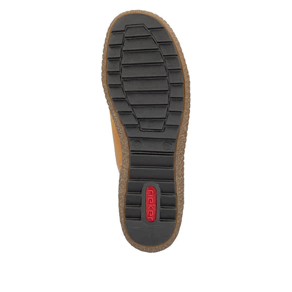 Rieker L7563-68 women's narrow brown leather water resistant side zip shoes, sole and tread view.