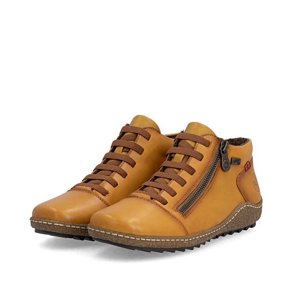Rieker L7563-68 women's narrow brown leather water resistant side zip shoes, paired three-quarter view.