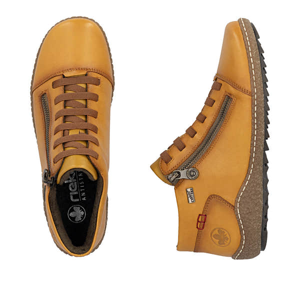 Rieker L7563-68 women's narrow brown leather water resistant side zip shoes, two-angle product view.