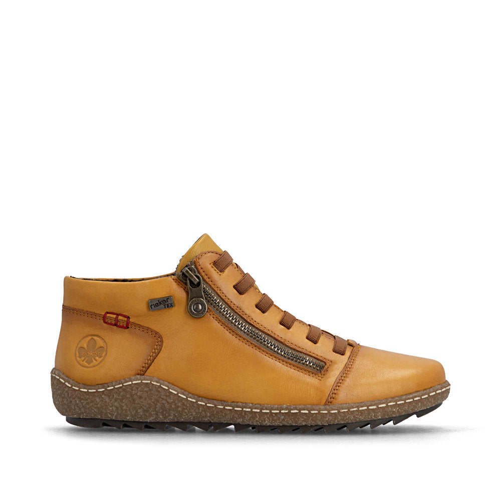 Rieker L7563-68 women's narrow brown leather water resistant side zip shoes, opposite side view.