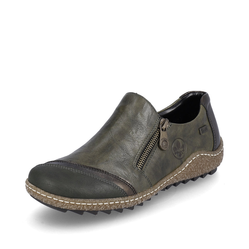 Rieker L7571-54 women's green combi leather water resistant side zip shoes, front three-quarter view.
