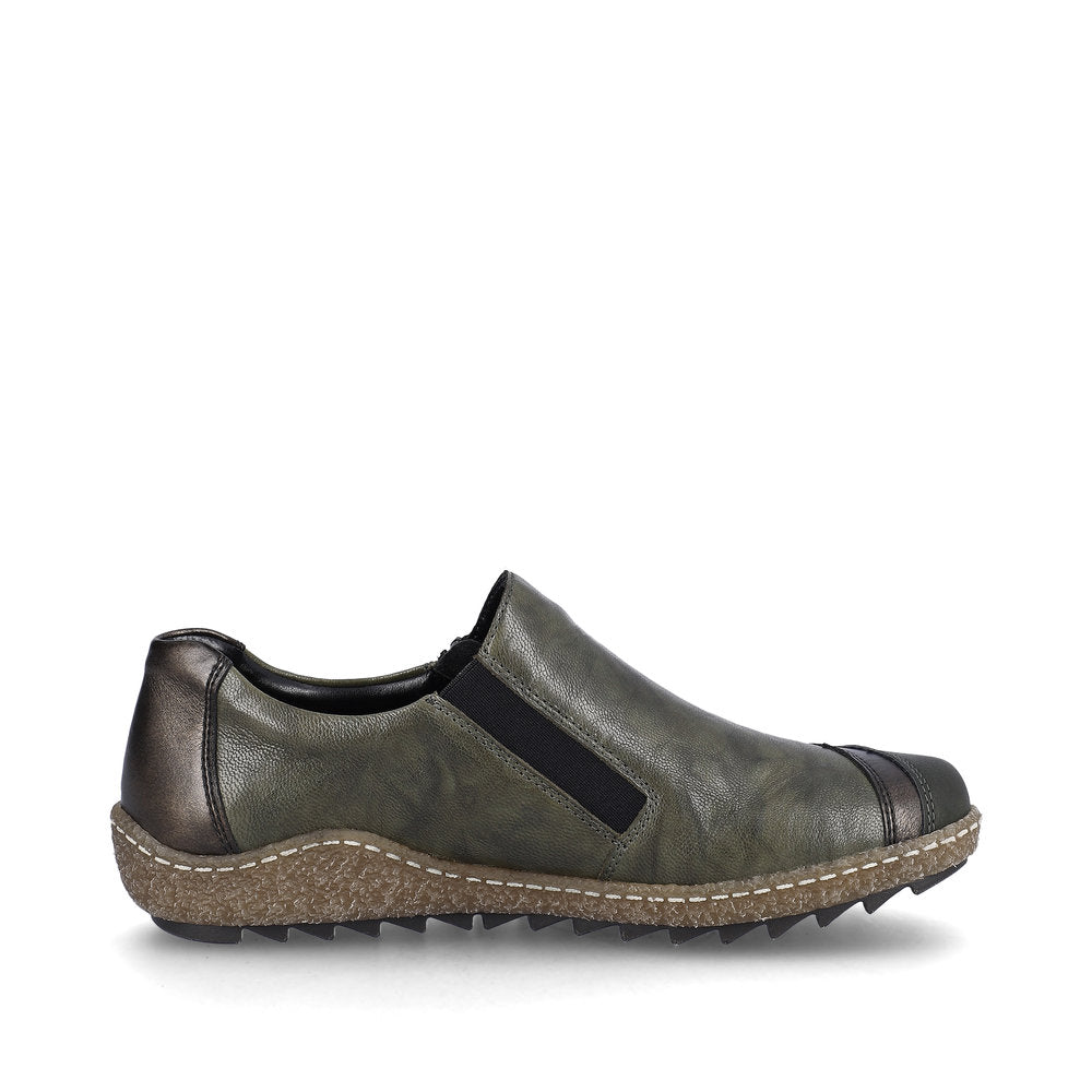 Rieker L7571-54 women's green combi leather water resistant side zip shoes, outer side view.