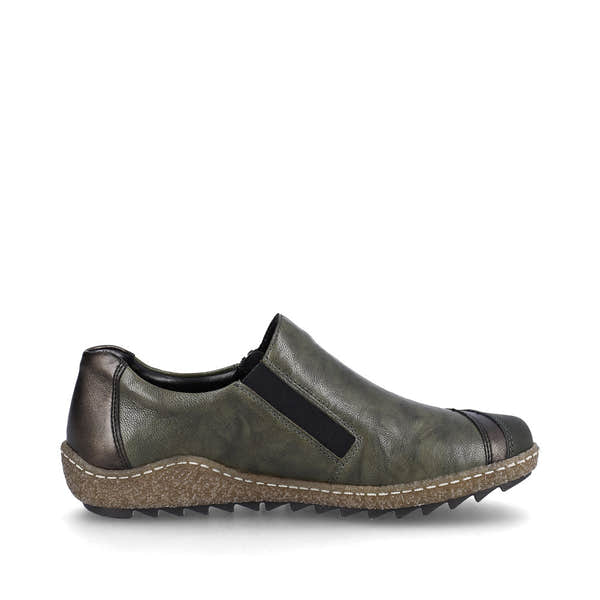 Rieker L7571-54 women's green combi leather water resistant side zip shoes, outer side view.