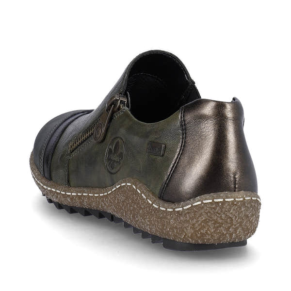 Rieker L7571-54 women's green combi leather water resistant side zip shoes, rear three-quarter view.