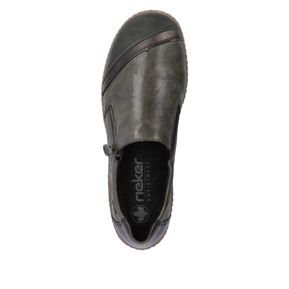 Rieker L7571-54 women's green combi leather water resistant side zip shoes, top view.